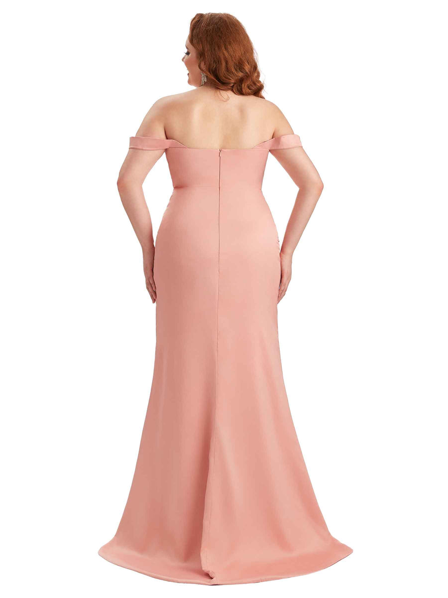 Plus Size Sexy Off Shoulder Side Slit Mermaid Soft Satin Long Bridesmaid Dress For Wedding