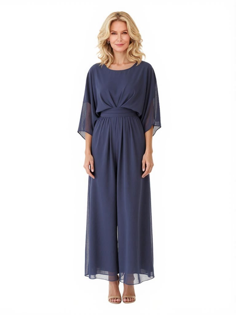 Elegant Chiffon Jewel Cape Sleeves Pantsuit For Mother of The Bride