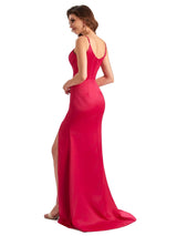 Sexy Side Slit Spaghetti Straps Mermaid Unique Long Satin Dresses For Bridesmaid