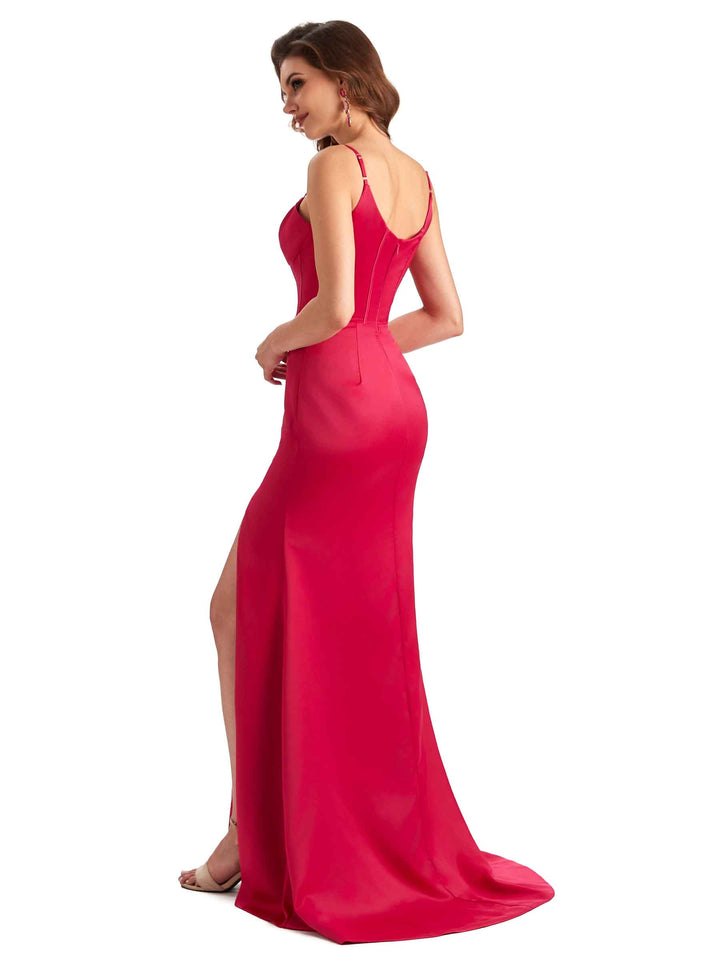 Sexy Side Slit Spaghetti Straps Mermaid Unique Long Satin Dresses For Bridesmaid