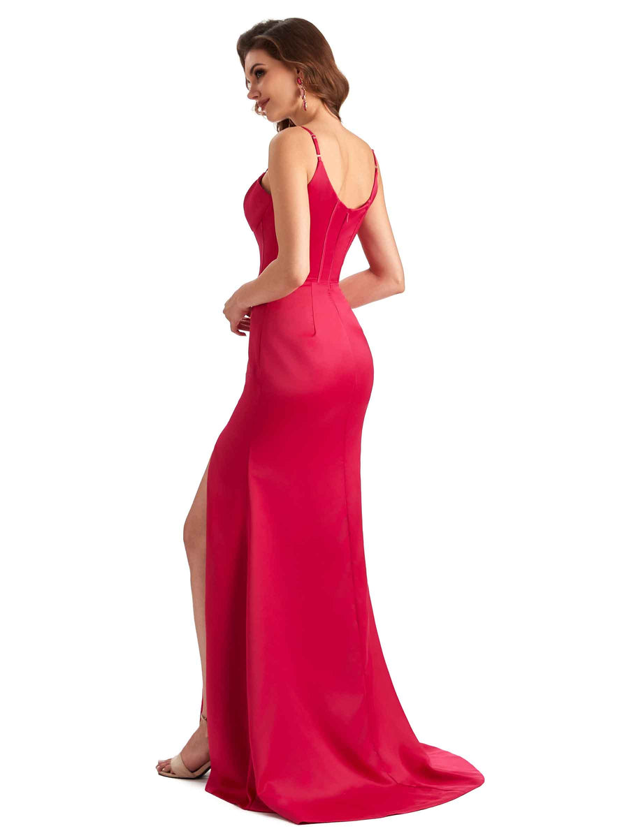 Sexy Side Slit Spaghetti Straps Mermaid Unique Long Satin Dresses For Bridesmaid