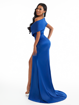 Sexy Asymmetrical Mermaid Pleated Satin Unique Long Bridesmaid Dresses Online With Split