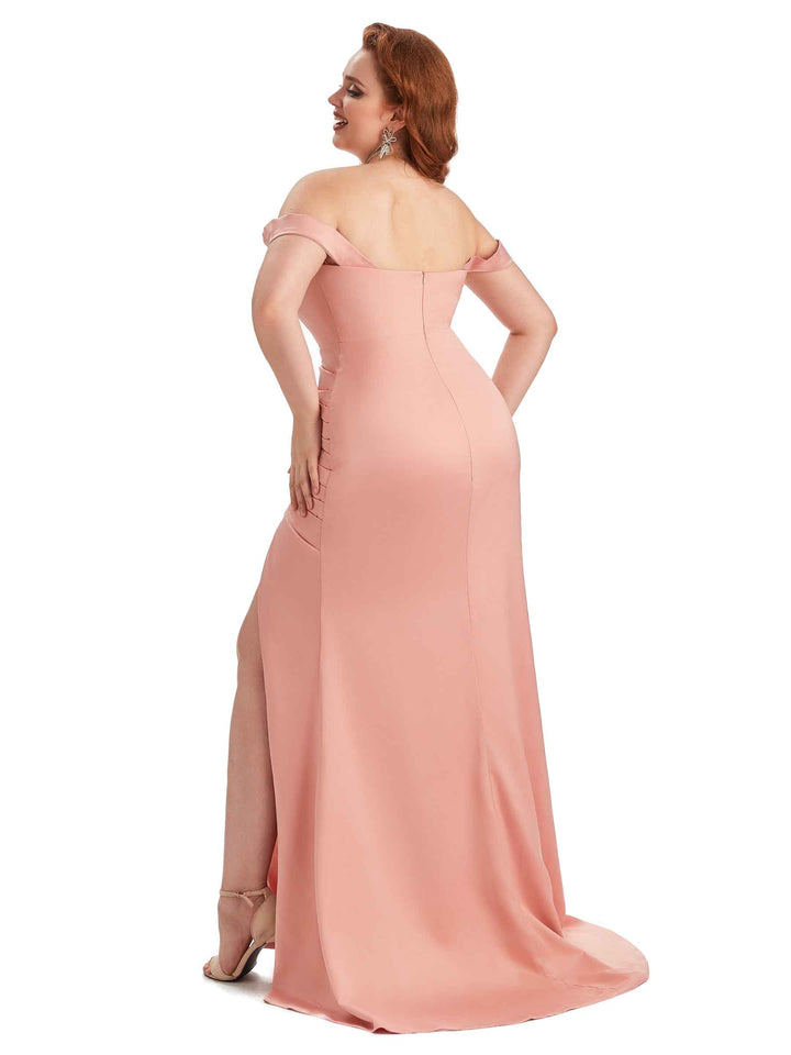 Plus Size Sexy Off Shoulder Side Slit Mermaid Soft Satin Long Bridesmaid Dress For Wedding