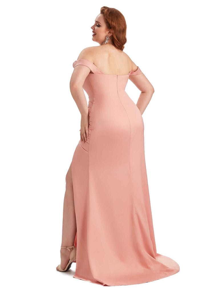 Sexy Off Shoulder Side Slit Mermaid Soft Satin Long Plus Size Bridesmaid Dress For Wedding