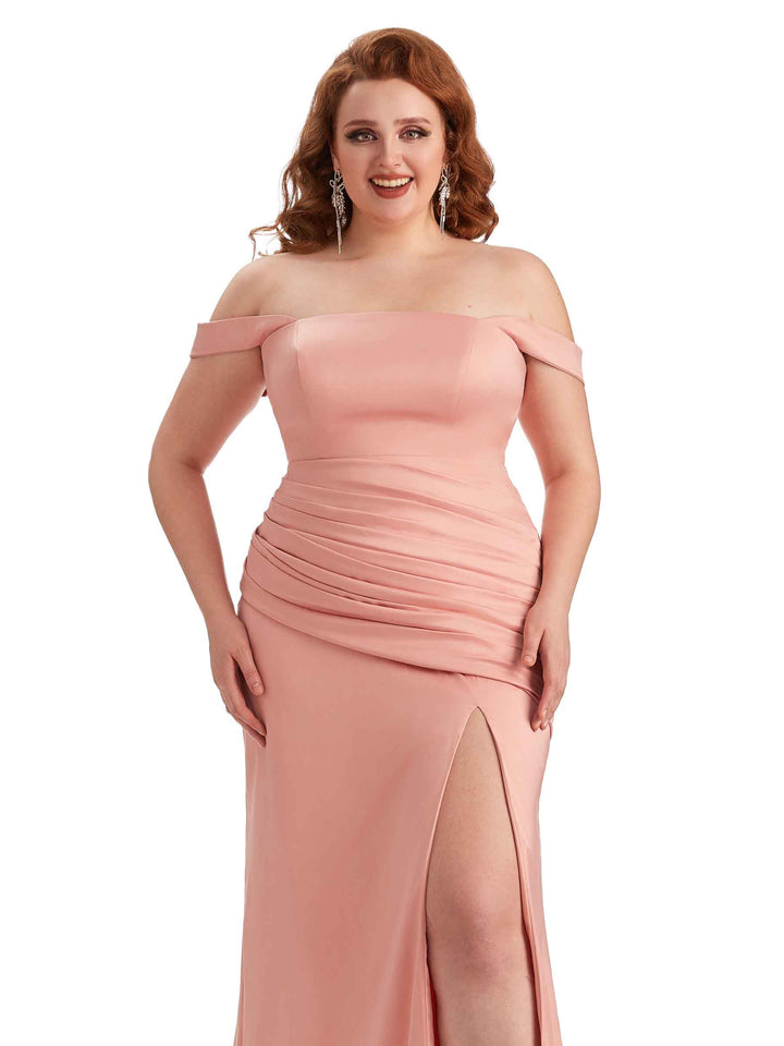 Plus Size Sexy Off Shoulder Side Slit Mermaid Soft Satin Long Bridesmaid Dress For Wedding