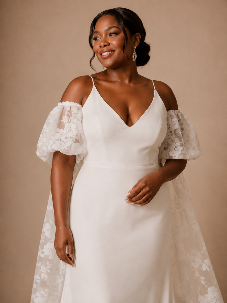 ChicSew Elegant V-Neck Spaghetti Straps Mermaid Crepe Long Wedding Dress With Lace Cape