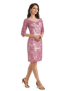 Gorgeous Lace Beaded Luxury Illusion Long Sleeves Short Mother of The Bride Dresses