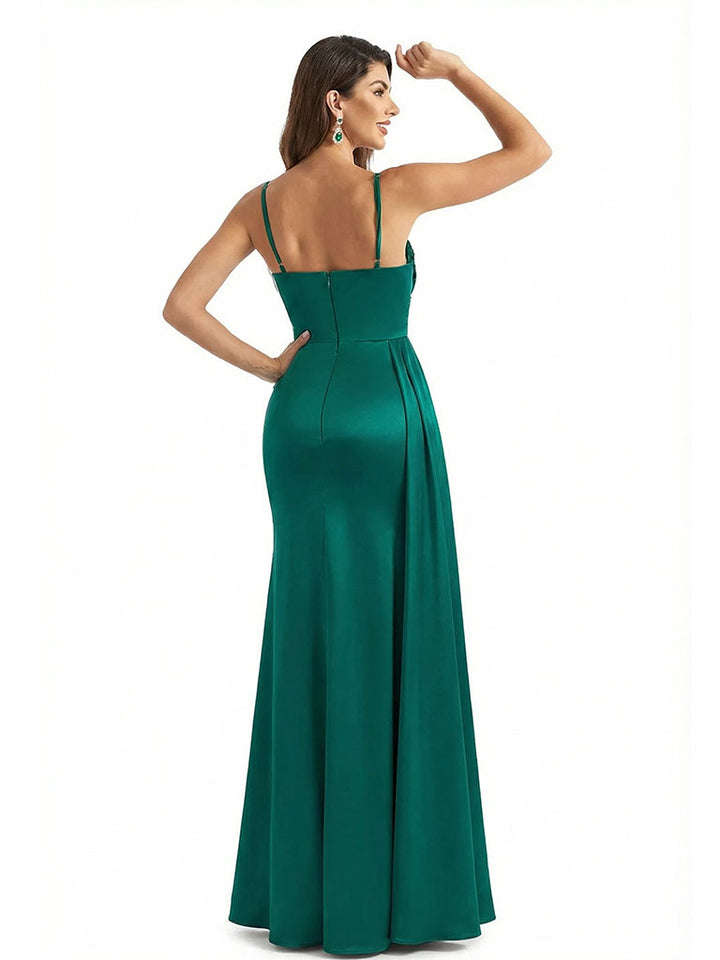 Sexy V-Neck Side Slit Spaghetti Straps Silky Satin Mermaid Long Formal Dresses