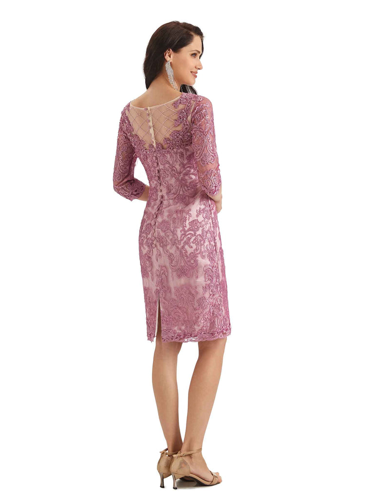 Gorgeous Lace Beaded Luxury Illusion Long Sleeves Short Mother of The Bride Dresses