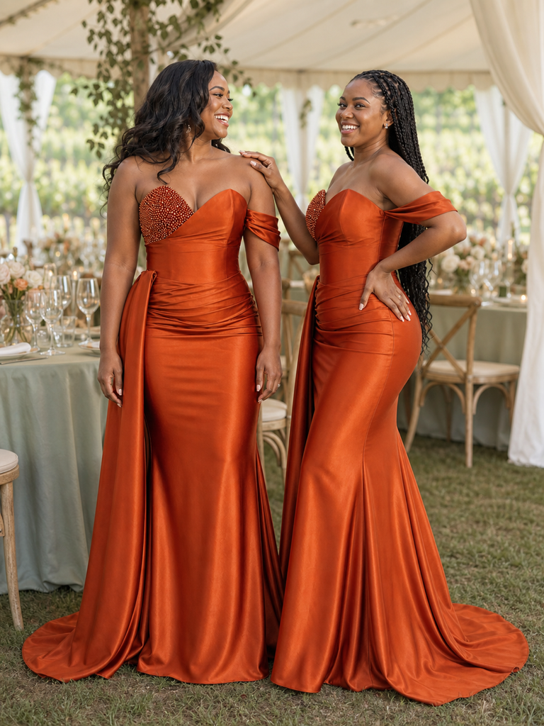 ChicSew Sexy Sweetheart Off The Shoulder Ruching Mermaid Soft Satin Long Bridesmaid Dresses