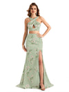 Beautiful Mermaid Halter Two Pieces Floral Satin Maxi Floral Formal Dresses For Women