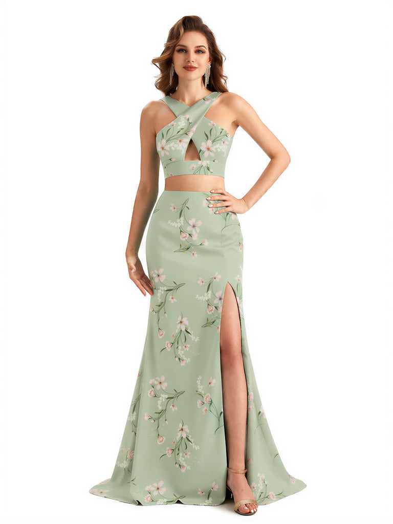Beautiful Mermaid Halter Two Pieces Floral Satin Maxi Floral Formal Dresses For Women
