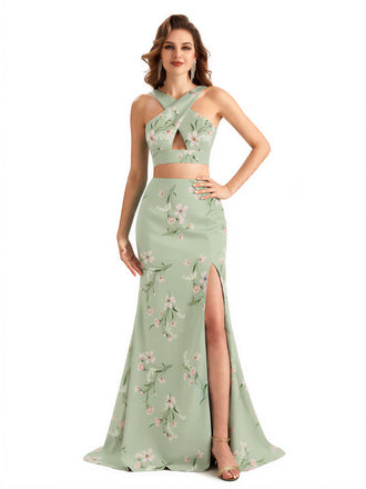 Beautiful Mermaid Halter Two Pieces Floral Satin Maxi Floral Formal Dresses For Women