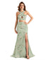 Beautiful Mermaid Halter Two Pieces Floral Satin Maxi Floral Formal Dresses For Women