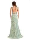 Beautiful Mermaid Halter Two Pieces Floral Satin Maxi Floral Formal Dresses For Women
