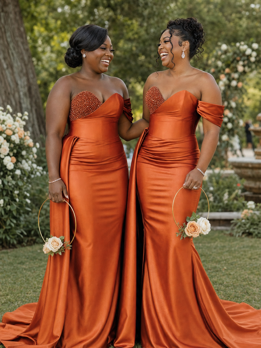 ChicSew Sexy Sweetheart Off The Shoulder Ruching Mermaid Soft Satin Long Bridesmaid Dresses