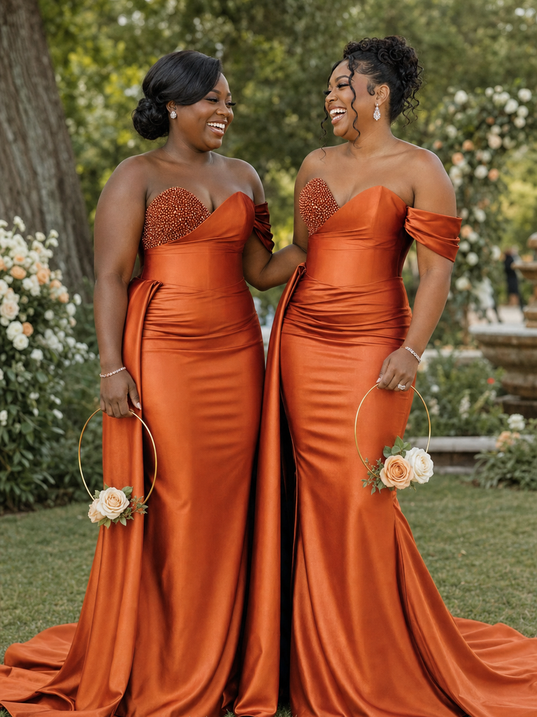 ChicSew Sexy Sweetheart Off The Shoulder Ruching Mermaid Soft Satin Long Bridesmaid Dresses