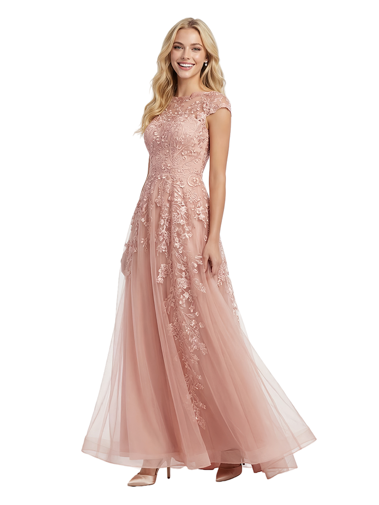 Pretty Cap Sleeve Evening Gown Floral Lace Tulle A-Line Silhouette Floor Length Prom Dress