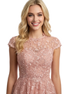Pretty Cap Sleeve Evening Gown Floral Lace Tulle A-Line Silhouette Floor Length Prom Dress