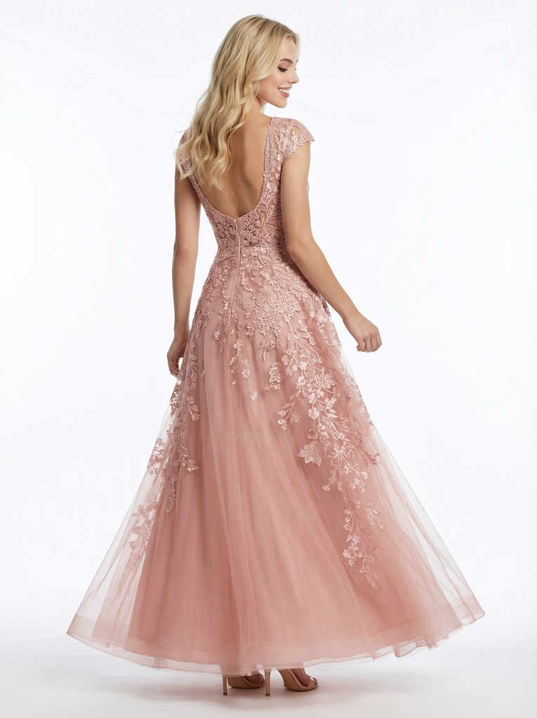 Elegant Illusion Lace A-line Long Party Prom Dresses