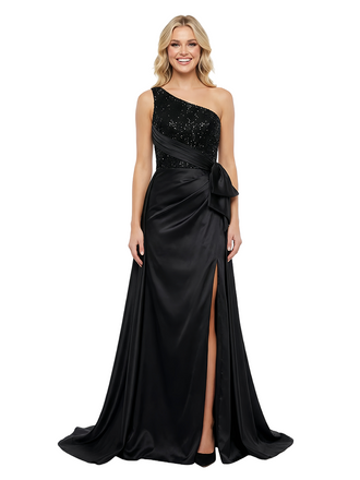 Sexy One Shoulder Prom Gown Sequined Satin Bow Detail Slit Mermaid  Floor Length Formal Wear