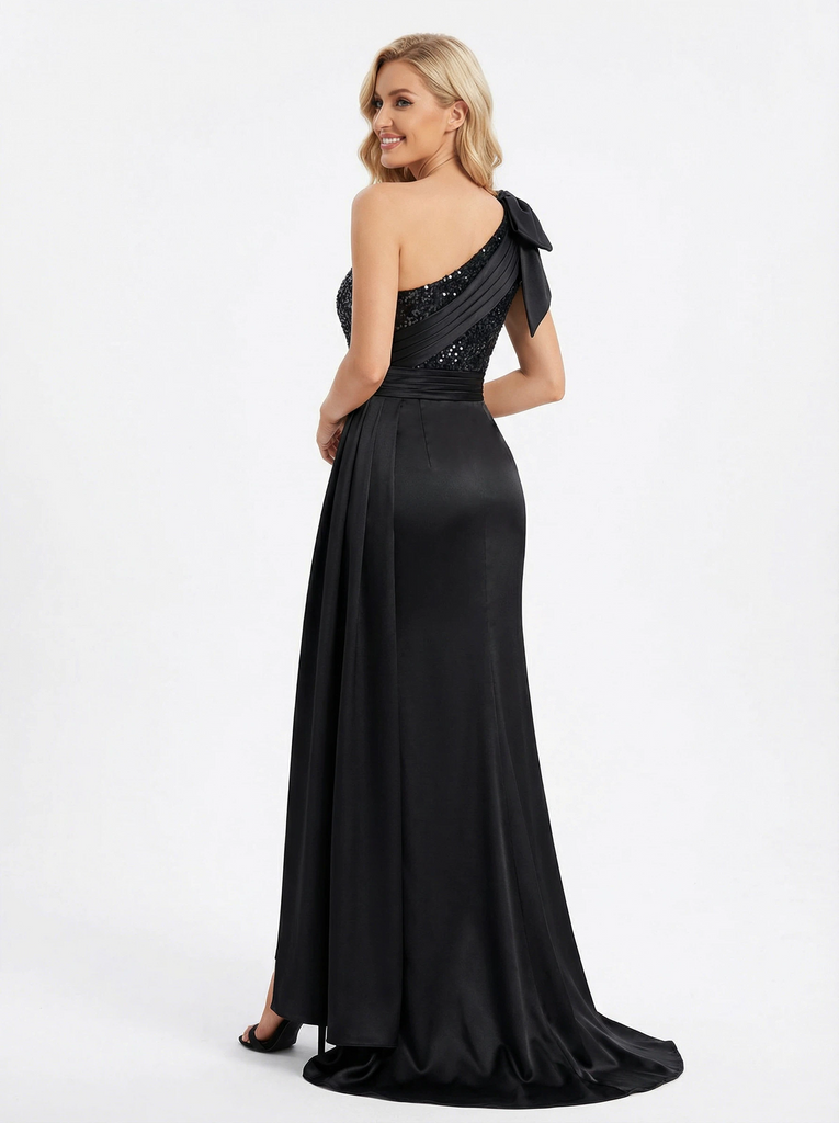 Sparkly One Shoulder Ruched Satin Mermaid Prom Dresses With Bow