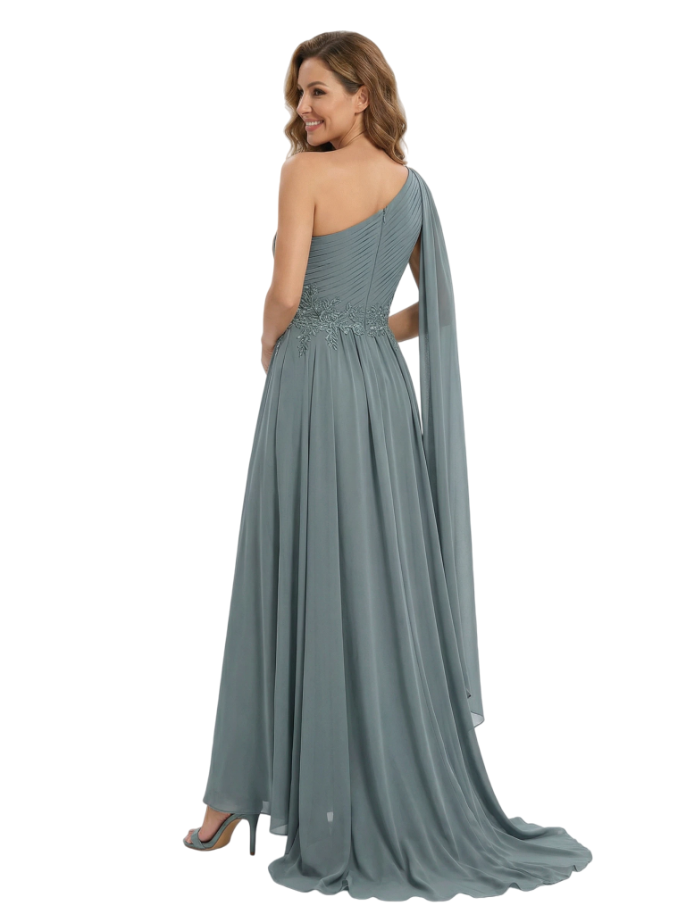 Fancy One Shoulder Lace Appliques Mother Of The Bride Dress Ruched Floor Length Chiffon Formal Gown