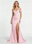 Elegant Ruched Satin Mermaid Off the Shoulder Long Prom Dresses Slit