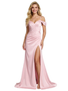 Sexy Cold Shoulder V-Neck Prom Dress Ruched Satin Fabric Slit Mermaid Floor Length Formal Gown