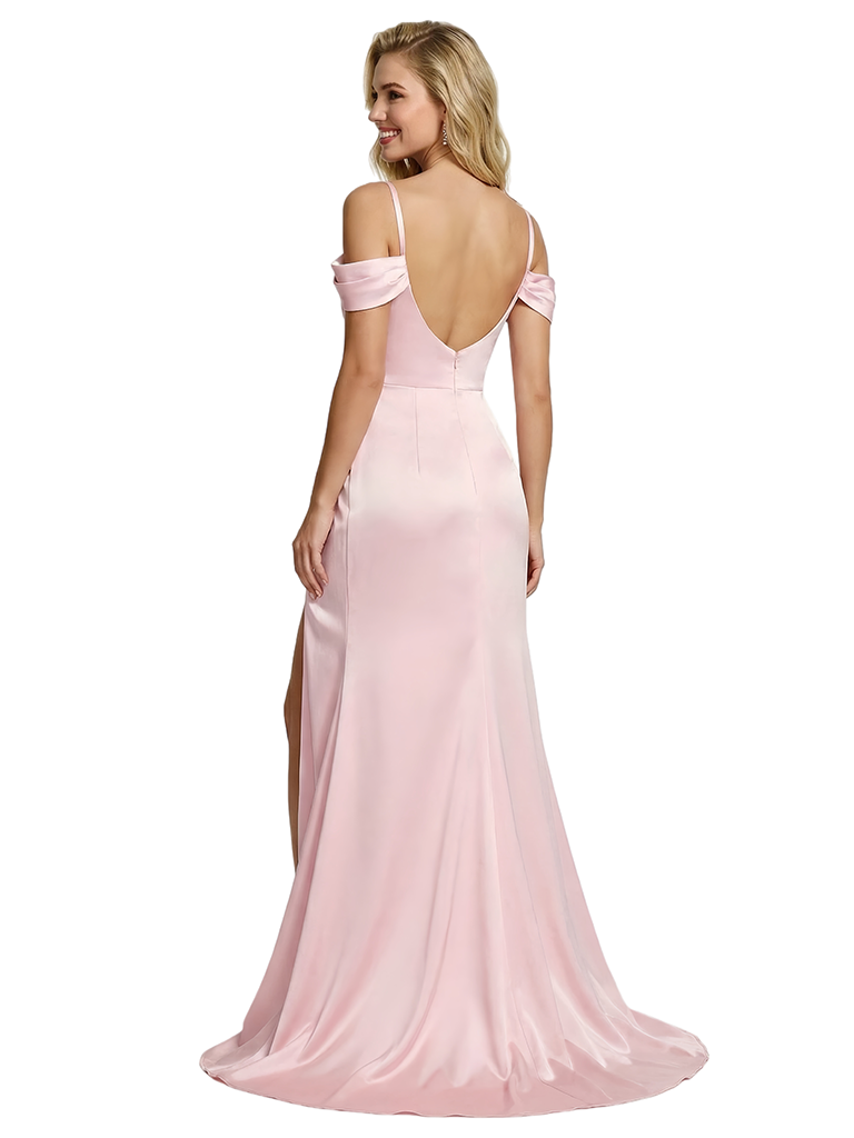 Sexy Cold Shoulder V-Neck Prom Dress Ruched Satin Fabric Slit Mermaid Floor Length Formal Gown