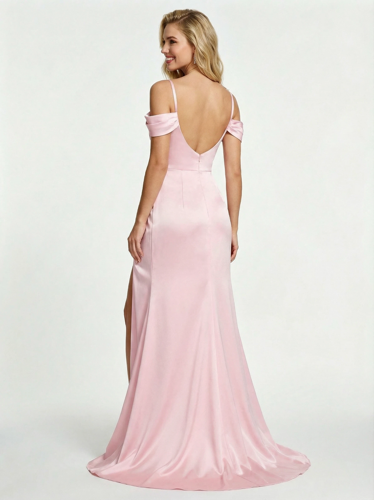 Elegant Ruched Satin Mermaid Off the Shoulder Long Prom Dresses Slit