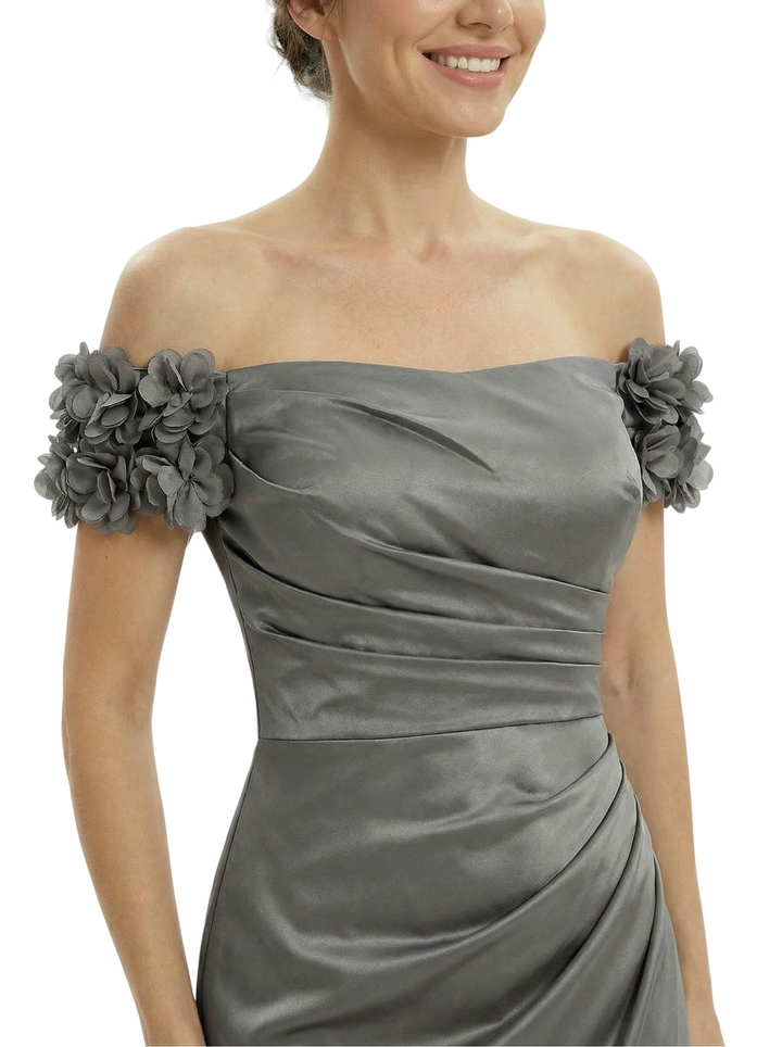 Morden Off Shoulder Ruched Side Slit Mermaid Satin Floor-Length Mother of the Bride Dresses