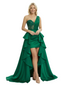 Unique One Shoulder Prom Gown Beaded Bodice Ruffled Satin Formal Evening Wear Overlay