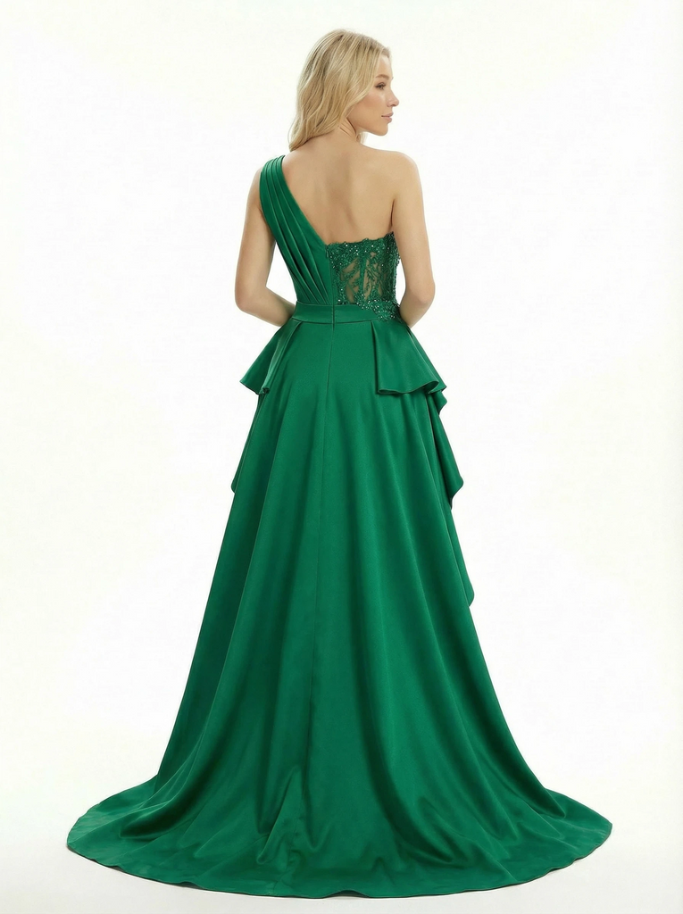 Unique Lace Beaded One Shoulder High Low Satin Prom Dresses Overskirt