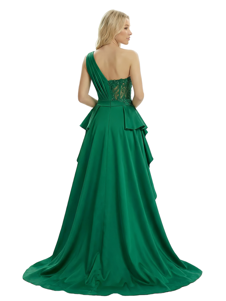 Unique One Shoulder Prom Gown Beaded Bodice Ruffled Satin Formal Evening Wear Overlay