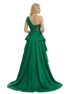 Unique One Shoulder Prom Gown Beaded Bodice Ruffled Satin Formal Evening Wear Overlay
