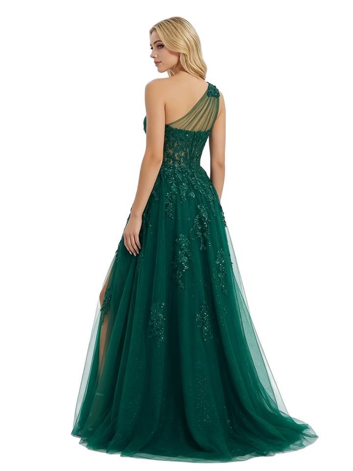 ChicSew Sparkly One Shoulder Lace Beaded A-line Tulle Prom Dresses Slit