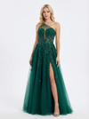 Sparkly One Shoulder Lace Beaded A-line Tulle Prom Dresses Slit
