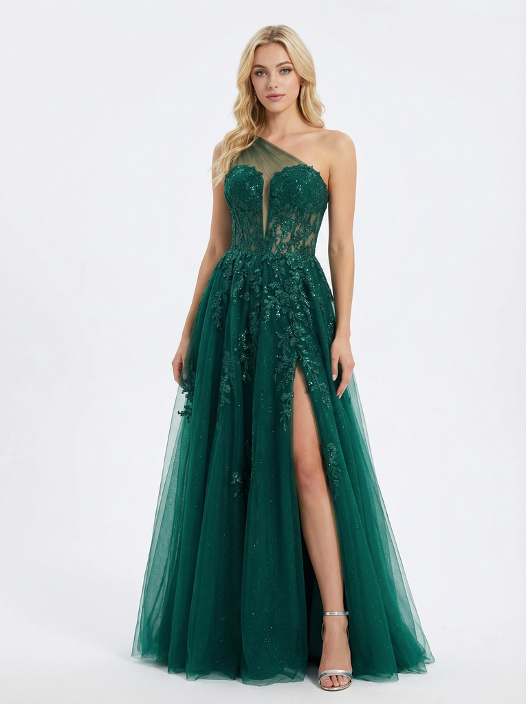Sparkly One Shoulder Lace Beaded A-line Tulle Prom Dresses Slit