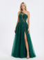 Sparkly One Shoulder Lace Beaded A-line Tulle Prom Dresses Slit