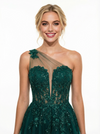 Sparkly One Shoulder Lace Beaded A-line Tulle Prom Dresses Slit