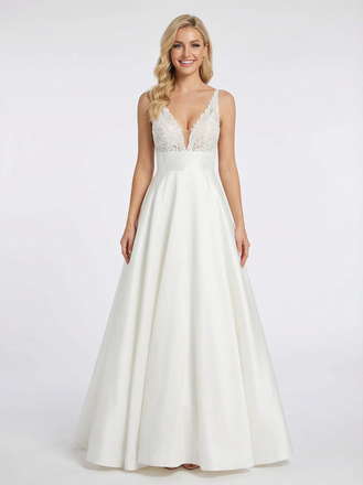 Elegant Satin Lace Applique V-neck A-line Cut Out Prom Dresses