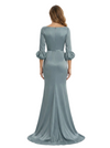 Elegant V-Neck Satin Mother of The Bride Dress With Sleeve Mermaid Maxi Gown With Train