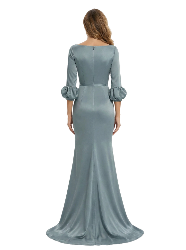 Elegant V-Neck Satin Mother of The Bride Dress With Sleeve Mermaid Maxi Gown With Train