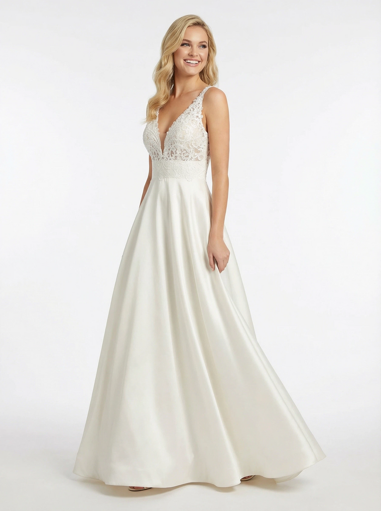 Elegant Satin Lace Applique V-neck A-line Cut Out Prom Dresses