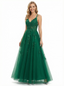Elegant Cut Out Tulle Lace Applique V-neck A-line Formal Prom Dresses