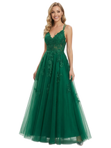 Beautiful Spaghetti Straps V-Neck Prom Gown Lace Tulle Sparkly Detail Ball Gown Floor Length Formal Gown