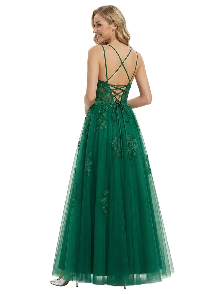 Beautiful Spaghetti Straps V-Neck Prom Gown Lace Tulle Sparkly Detail Ball Gown Floor Length Formal Gown