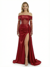 Sexy Off the Shoulder Satin Corset Prom Dresses with High Slit