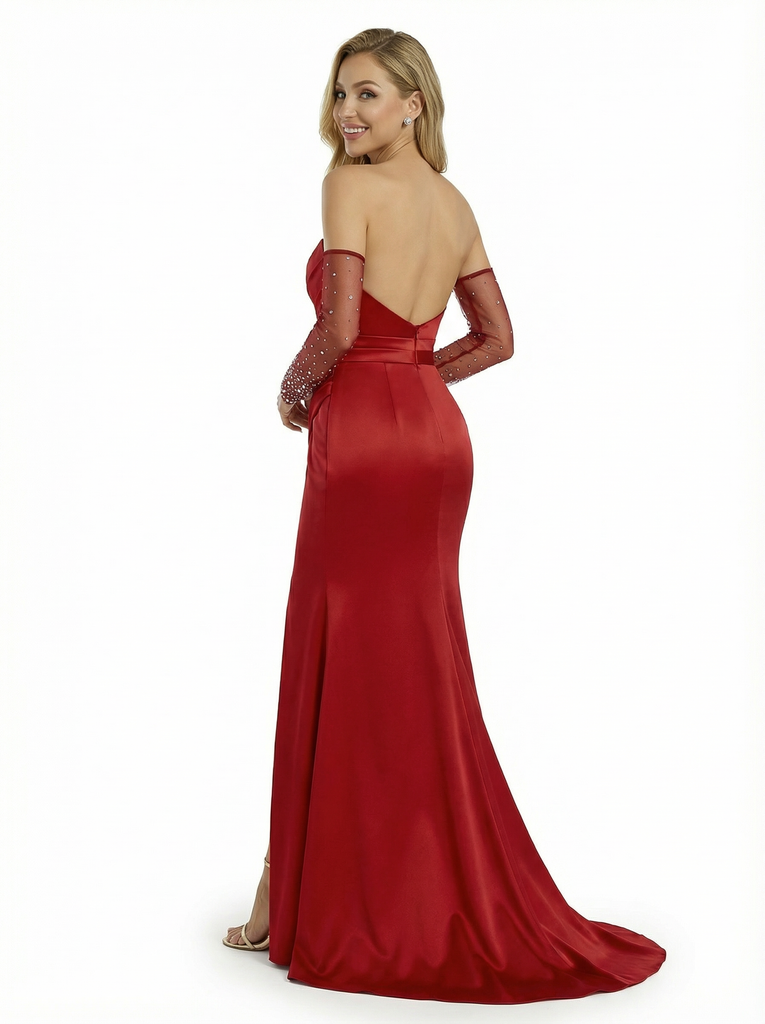 Sexy Off the Shoulder Satin Corset Prom Dresses with High Slit